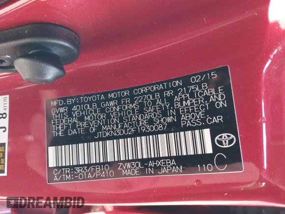 2015 Toyota Prius Four with VIN JTDKN3DU2F1930087, listed as a IAAI auction lot 41561926 with 125,382 mi miles. Bid and sale history available at carsss.com. Image 9.