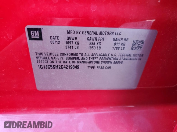 2012 Chevrolet Sonic LT with VIN 1G1JC5SH2C4219849, listed as a Copart auction lot 52643885 with 173,119 mi miles and Salvage title. Bid and sale history available at DreamBid. Image 12.