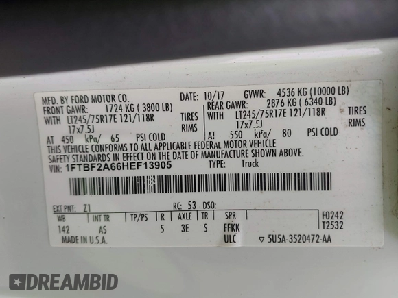 2017 Ford F-250 XL with VIN 1FTBF2A66HEF13905, listed as a IAAI auction lot 42339376 with 116,514 mi miles and . Bid and sale history available at DreamBid. Image 9.
