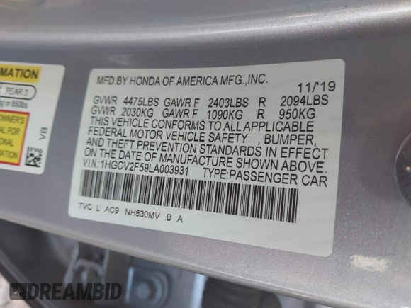 2020 Honda Accord EX-L with VIN 1HGCV2F59LA003931, listed as a IAAI auction lot 41289578 with 38,624 mi miles and . Bid and sale history available at DreamBid. Image 9.