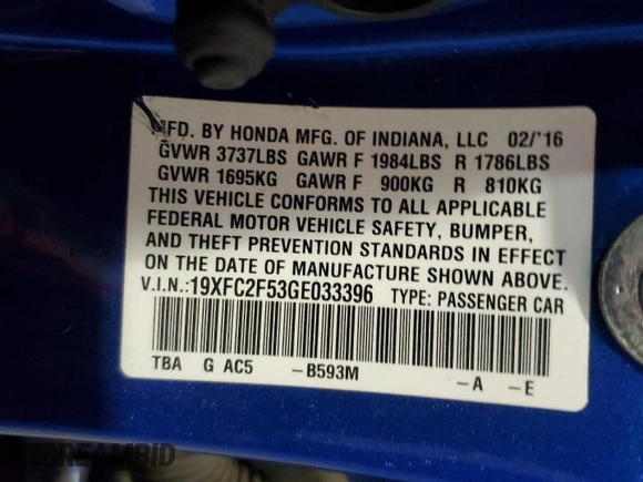 2016 Honda Civic Sedan LX with VIN 19XFC2F53GE033396, listed as a Copart auction lot 49387655 with 180,347 mi miles and Clean Title. Bid and sale history available at carsss.com. Image 12.