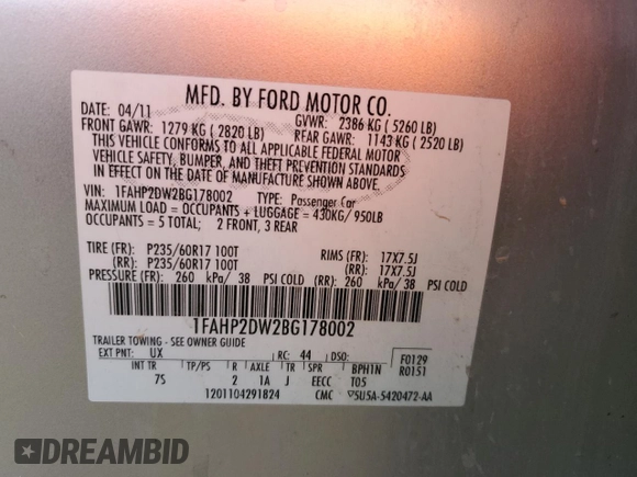 2011 Ford Taurus SE with VIN 1FAHP2DW2BG178002, listed as a Copart auction lot 44917355 with 152,735 mi miles and Salvage Title. Bid and sale history available at DreamBid. Image 13.