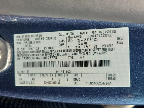 2020 Ford Escape SE with VIN 1FMCU9G67LUB25778, listed as a IAAI auction lot 42550089 with 84,502 mi miles and . Bid and sale history available at DreamBid. Image 50.