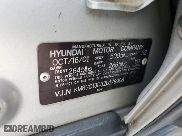 2002 Hyundai Santa Fe GLS with VIN KM8SC13D32U179968, listed as a Copart auction lot 60551434 with 77,676 mi miles and Clean Title. Bid and sale history available at carsss.com. Image 13.