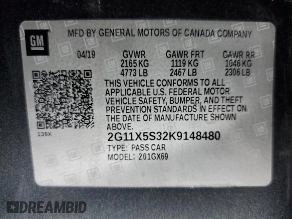 2019 Chevrolet Impala LS with VIN 2G11X5S32K9148480, listed as a Copart auction lot 67508674 with 107,957 mi miles and Clean Title. Bid and sale history available at DreamBid. Image 13.