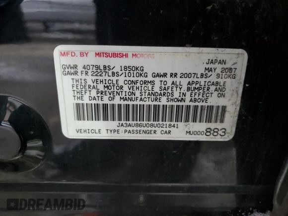2008 Mitsubishi Lancer GTS z VIN JA3AU86U08U021841, wystawiony jako Copart lot #84734444 z przebiegiem 169 297 mil mil oraz Szkoda całkowita • Salvage title. Historia ofert i sprzedaży dostępna na DreamBid. Obrazek 12.