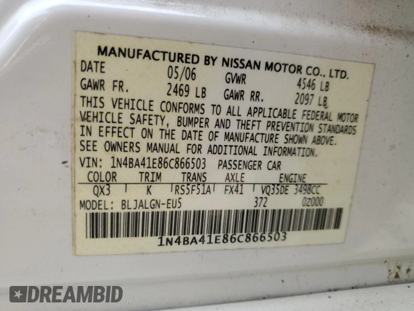 2006 Nissan Maxima SL with VIN 1N4BA41E86C866503, listed as a Copart auction lot 55336855 with Not provided miles and Salvage title. Bid and sale history available at DreamBid. Image 12.