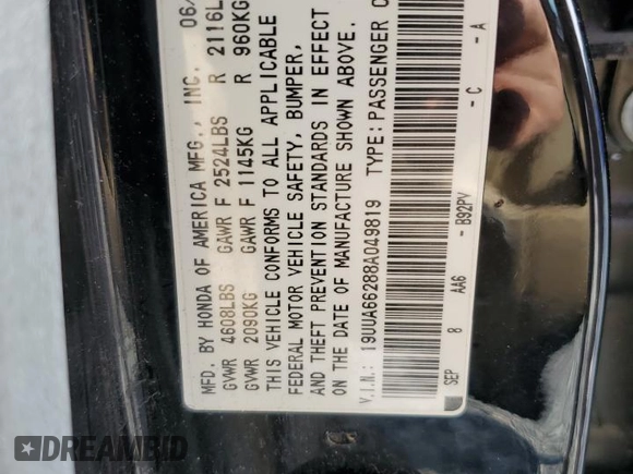 2008 Acura TL with VIN 19UUA66288A049819, listed as a Copart auction lot 49431255 with 154,967 mi miles and Salvage Title. Bid and sale history available at carsss.com. Image 12.