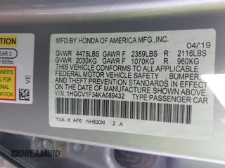 2019 Honda Accord Sport with VIN 1HGCV1F34KA089432, listed as a IAAI auction lot 42134526 with 62,398 mi miles and . Bid and sale history available at DreamBid. Image 9.
