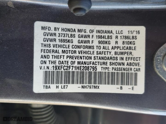 2017 Honda Civic Sedan EX with VIN 19XFC2F71HE208795, listed as a Copart auction lot 88791085 with 0 mi miles and Salvage Title. Bid and sale history available at carsss.com. Image 12.