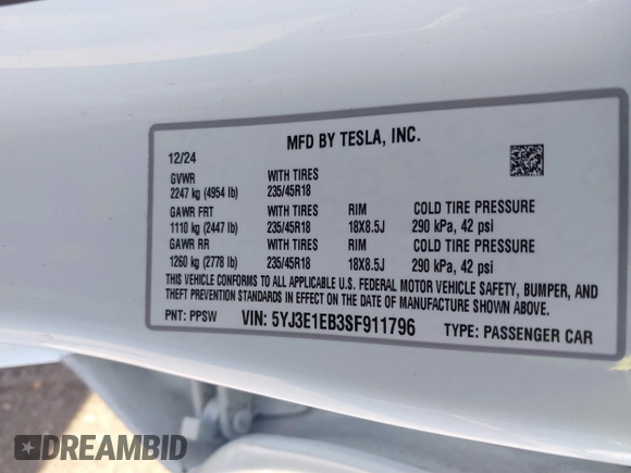 2025 Tesla Model 3 Long Range z VIN 5YJ3E1EB3SF911796, wystawiony jako IAAI lot #41753091 z przebiegiem 1 751 mil mil oraz . Historia ofert i sprzedaży dostępna na DreamBid. Obrazek 9.