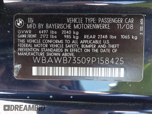 2009 BMW 3 Series 335i with VIN WBAWB73509P158425, listed as a IAAI auction lot 41844083 with 89,684 mi miles and . Bid and sale history available at DreamBid. Image 9.