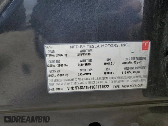 2016 Tesla Model S 90D z VIN 5YJSA1E41GF171522, wystawiony jako Copart lot #59966545 z przebiegiem Nie podano mil oraz Szkoda całkowita • Salvage title. Historia ofert i sprzedaży dostępna na DreamBid. Obrazek 13.