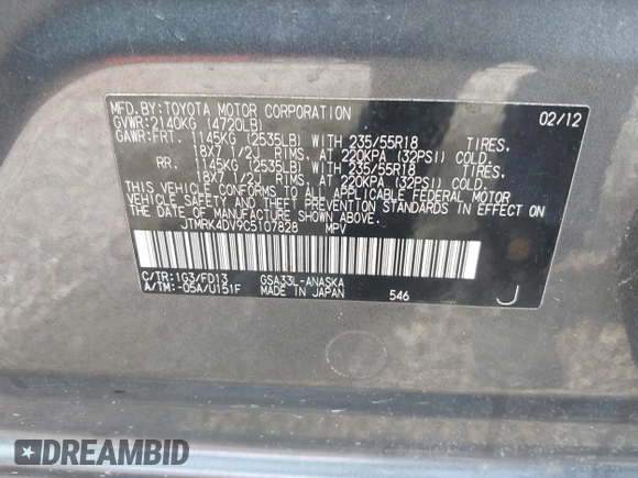 2012 Toyota RAV4 Sport с VIN JTMRK4DV9C5107828, выставлен на аукционе IAAI как лот 42430899 с пробегом 109 768 миль миль и . История ставок и продаж доступна на DreamBid. Изображение 9.