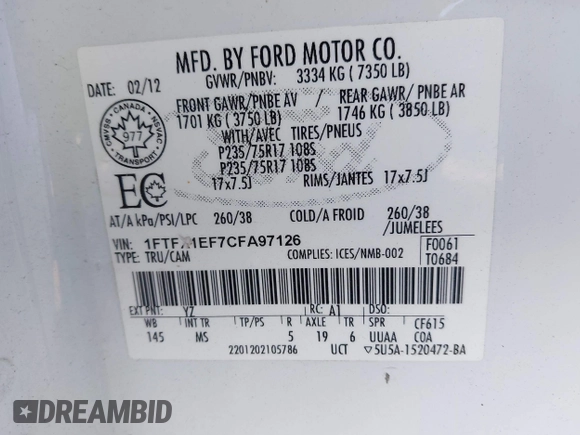 2012 Ford F-150 XL with VIN 1FTFX1EF7CFA97126, listed as a IAAI auction lot 41139942 with 229,958 mi miles. Bid and sale history available at carsss.com. Image 9.