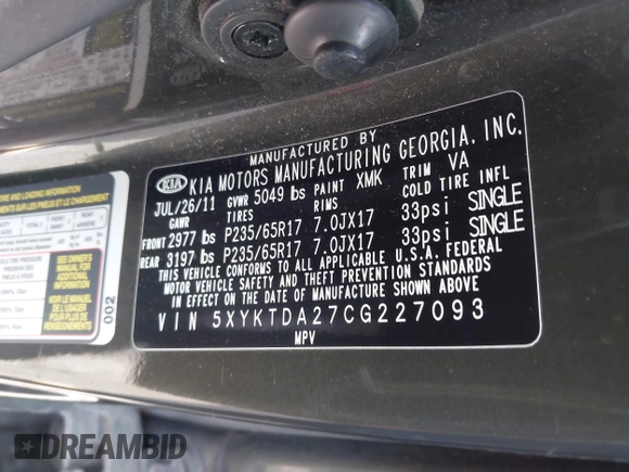 2012 Kia Sorento LX with VIN 5XYKTDA27CG227093, listed as a IAAI auction lot 41503291 with 206,924 mi miles. Bid and sale history available at carsss.com. Image 9.