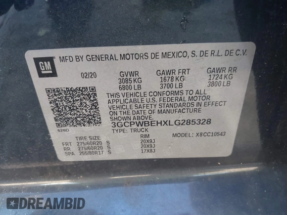 2020 Chevrolet Silverado 1500 Custom with VIN 3GCPWBEHXLG285328, listed as a IAAI auction lot 41851261 with 110,266 mi miles. Bid and sale history available at carsss.com. Image 9.
