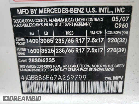 2007 Mercedes-Benz M 350 with VIN 4JGBB86E67A269799, listed as a Copart auction lot 53234715 with 83,236 mi miles and Salvage Title. Bid and sale history available at DreamBid. Image 13.
