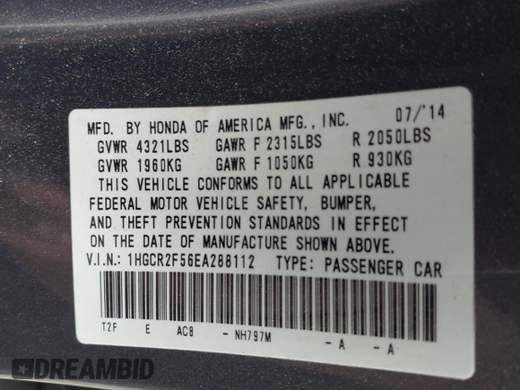 2014 Honda Accord Sport with VIN 1HGCR2F56EA288112, listed as a IAAI auction lot 41943936 with 237,900 mi miles and . Bid and sale history available at DreamBid. Image 9.