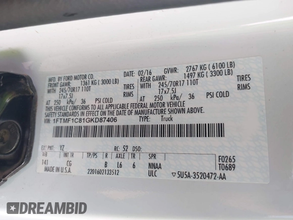 2016 Ford F-150 XL with VIN 1FTMF1C81GKD87406, listed as a IAAI auction lot 41282113 with 89,695 mi miles. Bid and sale history available at carsss.com. Image 9.