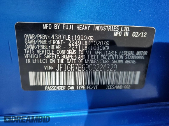 2012 Subaru WRX WRX Limited z VIN JF1GR7E69CG224329, wystawiony jako Copart lot #42117055 z przebiegiem 78 725 mil mil oraz Czysty tytuł • Clean title. Historia ofert i sprzedaży dostępna na DreamBid. Obrazek 12.