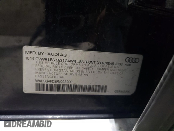 2015 Audi A8 3.0T with VIN WAU3GAFD9FN023200, listed as a Copart auction lot 59856315 with 140,472 mi miles and Salvage title. Bid and sale history available at DreamBid. Image 12.
