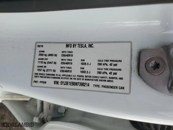 2019 Tesla Model 3 Long Range with VIN 5YJ3E1EB0KF390214, listed as a Copart auction lot 45421615 with 0 mi miles and Salvage Title. Bid and sale history available at carsss.com. Image 15.