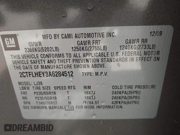 2010 GMC Terrain SLT-2 with VIN 2CTFLHEY3A6284512, listed as a IAAI auction lot 42097193 with 144,121 mi miles and . Bid and sale history available at carsss.com. Image 9.