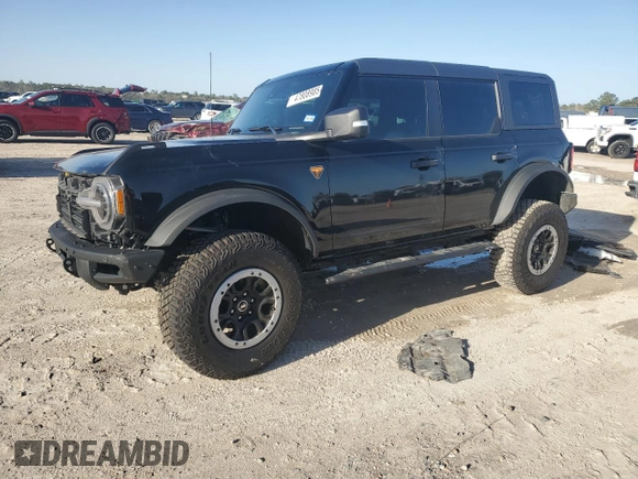 2024 Ford Bronco Badlands с VIN 1FMEE9BPXRLA90299, выставлен на аукционе Copart как лот 47808985 с пробегом 2 541 миль миль и Списание • Salvage title. История ставок и продаж доступна на DreamBid. Изображение 1.