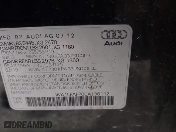 2012 Audi Q5 Premium Plus with VIN WA1LFAFP0CA136112, listed as a IAAI auction lot 42094002 with 168,291 mi miles and . Bid and sale history available at DreamBid. Image 9.