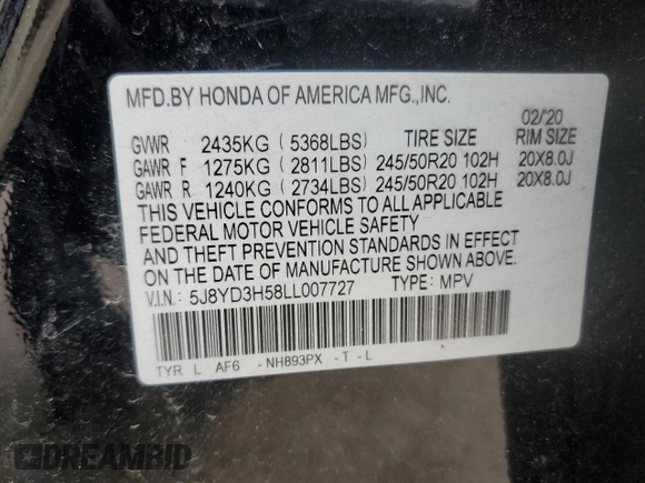2020 Acura MDX Technology z VIN 5J8YD3H58LL007727, wystawiony jako Copart lot #45608205 z przebiegiem 42 627 mil mil oraz Nie do naprawy • Non repairable. Historia ofert i sprzedaży dostępna na DreamBid. Obrazek 16.