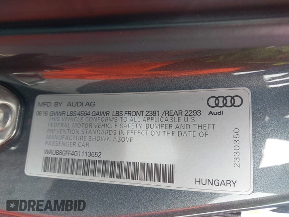 2016 Audi A3 Premium with VIN WAUB8GFF4G1113652, listed as a IAAI auction lot 42209525 with 153,337 mi miles and . Bid and sale history available at DreamBid. Image 9.