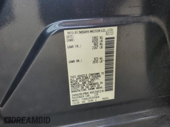 2013 Nissan LEAF SL with VIN 1N4AZ0CP8DC403026, listed as a Copart auction lot 52193775 with 34,712 mi miles and Clean Title. Bid and sale history available at DreamBid. Image 12.