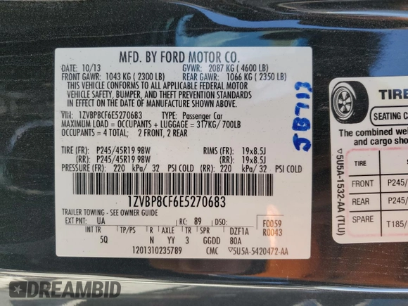 2014 Ford Mustang GT with VIN 1ZVBP8CF6E5270683, listed as a Copart auction lot 52913145 with 96,432 mi miles and Salvage title. Bid and sale history available at DreamBid. Image 13.