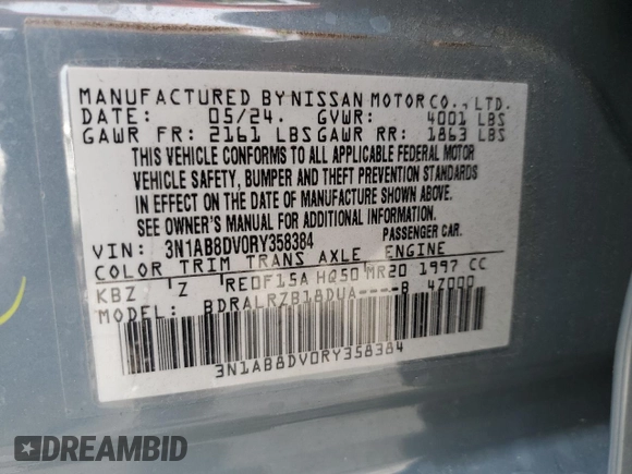 2024 Nissan Sentra SR with VIN 3N1AB8DV0RY358384, listed as a Copart auction lot 55719145 with 3,132 mi miles and Salvage title. Bid and sale history available at DreamBid. Image 12.