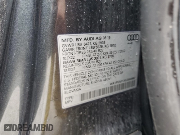 2020 Audi Q8 Prestige with VIN WA1FVAF1XLD003867, listed as a Copart auction lot 57440105 with 86,371 mi miles and Salvage title. Bid and sale history available at DreamBid. Image 13.