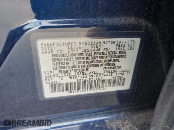 2017 Nissan Sentra S with VIN 3N1AB7AP1HY230136, listed as a Copart auction lot 50943125 with 64,616 mi miles and Salvage Title. Bid and sale history available at carsss.com. Image 14.