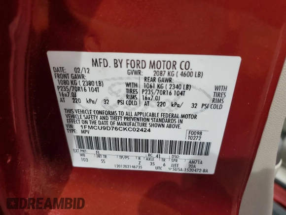 2012 Ford Escape XLT with VIN 1FMCU9D76CKC02424, listed as a Copart auction lot 48905325 with 111,347 mi miles and Salvage title. Bid and sale history available at DreamBid. Image 13.
