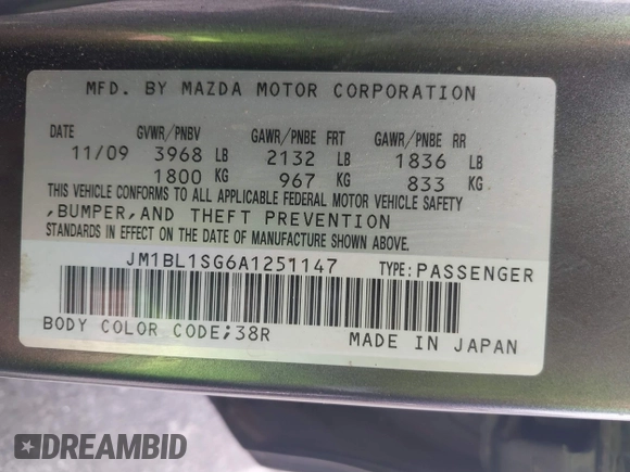 2010 Mazda 3 i Touring with VIN JM1BL1SG6A1251147, listed as a IAAI auction lot 42041631 with Not Provided miles and . Bid and sale history available at carsss.com. Image 9.