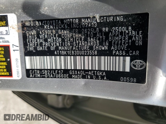 2013 Toyota Avalon XLE with VIN 4T1BK1EB3DU023558, listed as a Copart auction lot 55173005 with Not Provided miles and Clean Title. Bid and sale history available at DreamBid. Image 12.