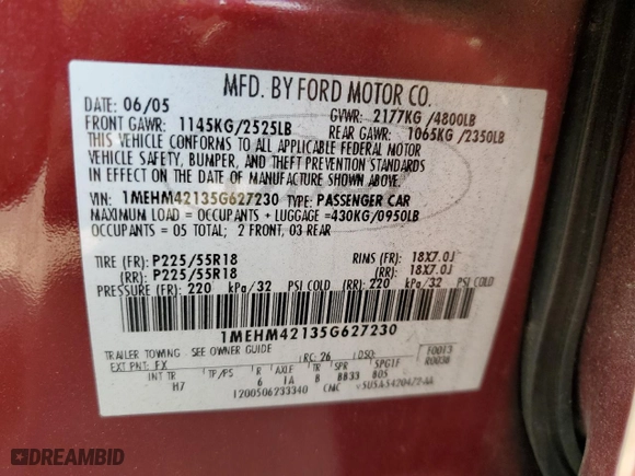 2005 Mercury Montego Premier with VIN 1MEHM42135G627230, listed as a Copart auction lot 79093464 with 0 mi miles and Salvage Title. Bid and sale history available at carsss.com. Image 12.