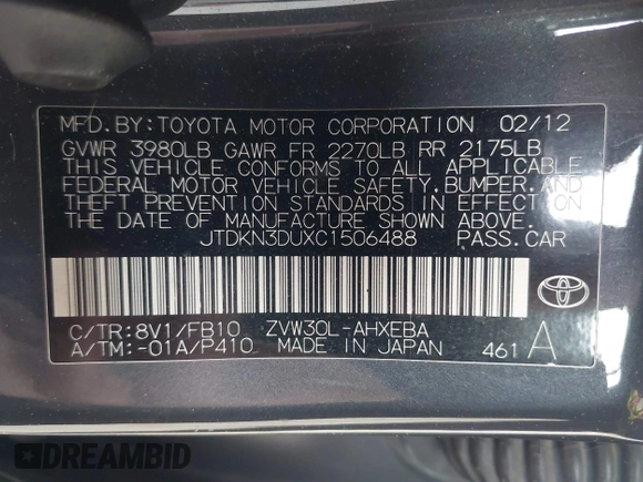2012 Toyota Prius One with VIN JTDKN3DUXC1506488, listed as a IAAI auction lot 42137519 with 243,893 mi miles. Bid and sale history available at carsss.com. Image 9.