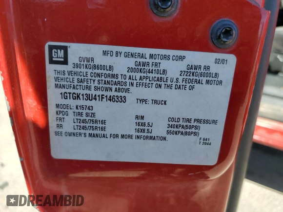 2001 GMC Sierra 1500HD SLE z VIN 1GTGK13U41F146333, wystawiony jako Copart lot #72971344 z przebiegiem Nie podano mil oraz Szkody całkowita. Historia ofert i sprzedaży dostępna na DreamBid. Obrazek 12.