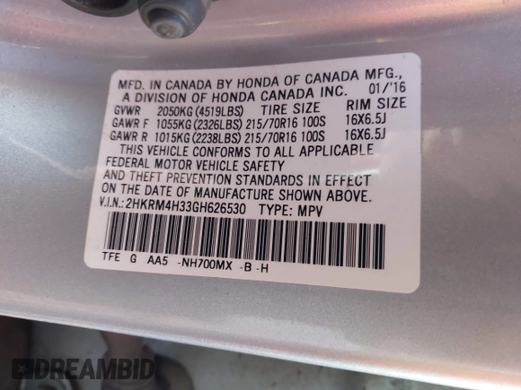 2016 Honda CR-V LX with VIN 2HKRM4H33GH626530, listed as a IAAI auction lot 41934948 with 155,900 mi miles. Bid and sale history available at carsss.com. Image 9.