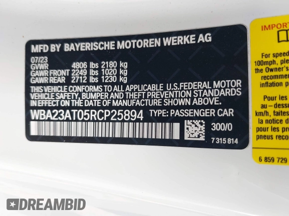2024 BMW 4 Series 430i z VIN WBA23AT05RCP25894, wystawiony jako IAAI lot #41895019 z przebiegiem 7362 mil mil oraz . Historia ofert i sprzedaży dostępna na DreamBid. Obrazek 9.