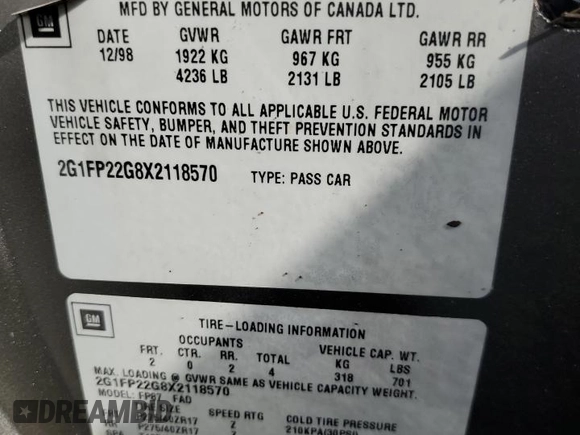1999 Chevrolet Camaro Z28 z VIN 2G1FP22G8X2118570, wystawiony jako Copart lot #74350964 z przebiegiem Nie podano mil oraz Nie do naprawy • Non repairable. Historia ofert i sprzedaży dostępna na DreamBid. Obrazek 13.