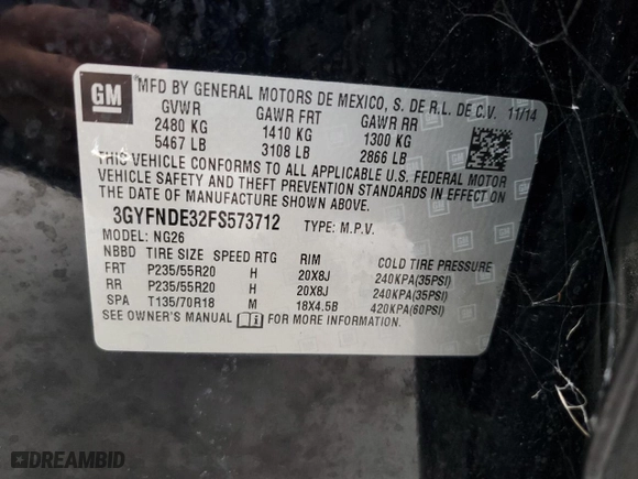 2015 Cadillac SRX Premium Collection with VIN 3GYFNDE32FS573712, listed as a Copart auction lot 44800655 with 60,378 mi miles and Salvage Title. Bid and sale history available at carsss.com. Image 14.