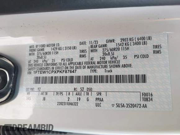 2023 Ford F-150 XL z VIN 1FTEW1CPXPKF87647, wystawiony jako IAAI lot #41486870 z przebiegiem 23 609 mil mil oraz . Historia ofert i sprzedaży dostępna na DreamBid. Obrazek 9.