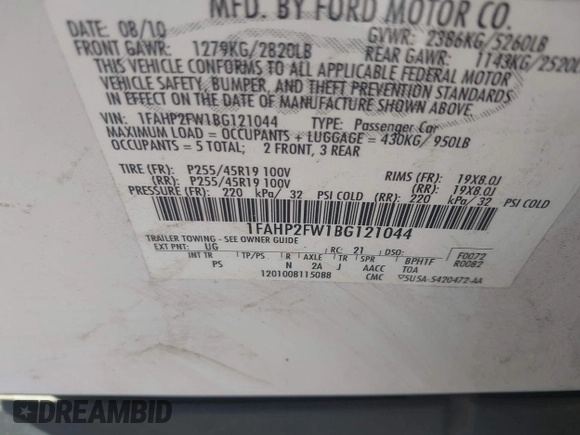 2011 Ford Taurus Limited with VIN 1FAHP2FW1BG121044, listed as a IAAI auction lot 41864054 with 217,929 mi miles and . Bid and sale history available at carsss.com. Image 9.