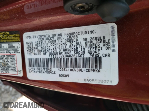 2004 Toyota Camry LE z VIN 4T1BE32K94U284667, wystawiony jako Copart lot #56184025 z przebiegiem 198 929 mil mil oraz Szkoda całkowita • Salvage title. Historia ofert i sprzedaży dostępna na DreamBid. Obrazek 12.